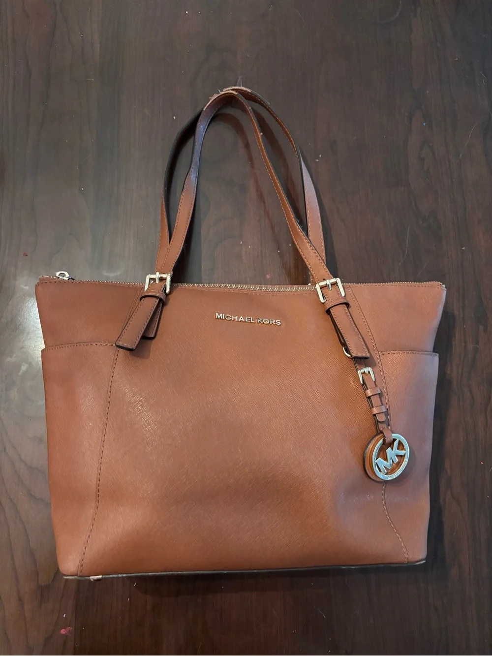 Michael Kors Cognac Leather Tote with MK Charm
